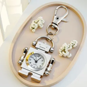 Retro robot pocket watch keychain, cute metal quartz clock charm pendant for daily use.
