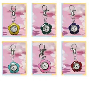Cartoon sunflower keychain quartz watch, colorful drop glue pocket watch pendant, 6 colors available.