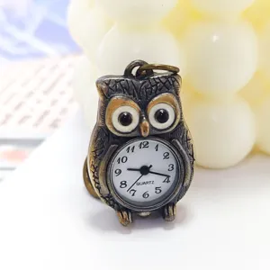 Vintage owl pocket watch bronze keychain quartz timepiece antique style cute animal pendant gift