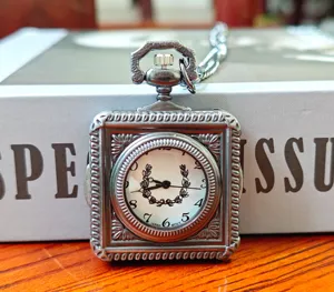 Vintage square quartz pocket watch with chain, classic antique style necklace watch for use.