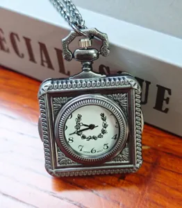 Vintage square quartz pocket watch with long chain, retro antique black metal necklace watch.