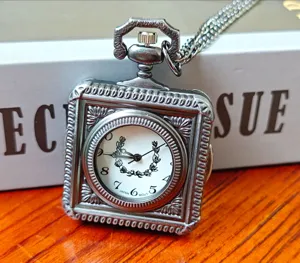 Vintage square pocket watch detail, intricate metallic case and classic dial design.