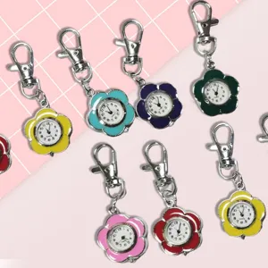Colorful enamel sunflower pocket watch keychain cute student quartz hanging clock gifts