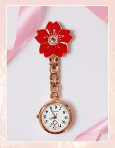 Compact quartz nurse watch with red cherry blossom design and rose gold chain for daily work.