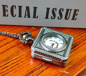 Vintage square pocket watch with chain, retro quartz watch for men and women, unique design.