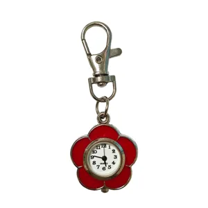 Red flower keychain watch cute pocket quartz watch for students nurse fob watch metal pendant