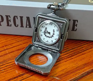 Vintage square pocket watch with chain hollow quartz pocket watch classic student necklace watch