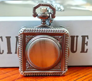 Vintage square quartz pocket watch with chain, classic retro black pendant necklace watch.