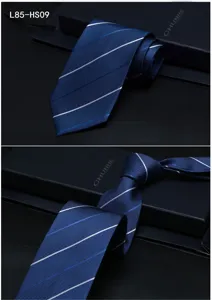 Men's blue striped silk necktie for business formal wear, elegant jacquard tie design.