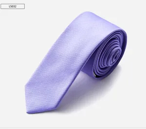Detailed view of a stylish light purple men's narrow tie featuring clean diagonal twill.