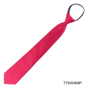 Red zipper necktie for men, business professional lazy pre-tied tie close up detail view.