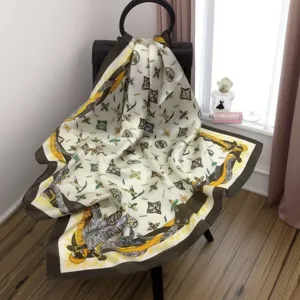 Elegant luxury silk scarf for women, featuring a classic vintage print design and soft drape.