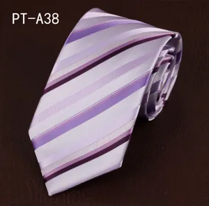 Purple striped men's formal business tie wedding groom necktie detailed view showing fabric texture.