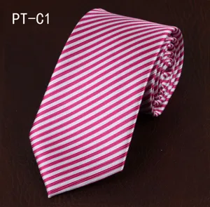 Close-up detail of the pink and white striped men's formal tie, showing fabric texture.