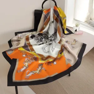 Luxury silk square scarf with elegant carriage print, soft and versatile fashion accessory for women.