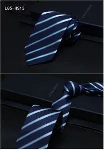 Men's pure silk business formal tie featuring classic navy blue and white stripes.