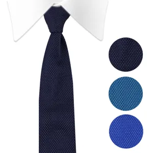 Men's solid knit necktie with casual textured jacquard design and detailed color swatches.