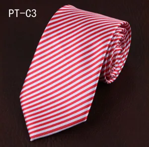 Close up detail of a red and white striped necktie, perfect for formal business attire.