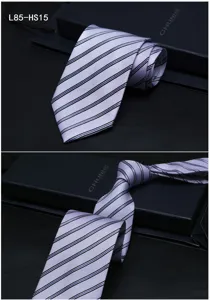 Men silk striped formal business tie detail view, elegant lavender fabric with classic dark stripes.