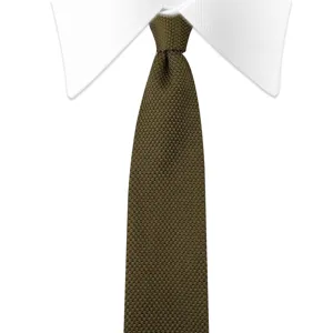 Close-up view of a solid olive green knitted tie showing detailed fabric texture.