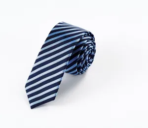 Vista ravvicinata dettagliata di cravatta in seta a righe blu arrotolata, accessorio elegante