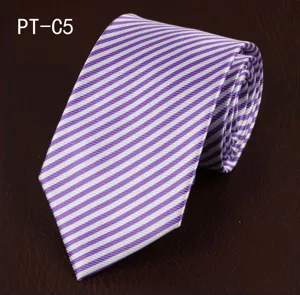 Detailed close-up view showing the elegant purple and white striped texture of the necktie.