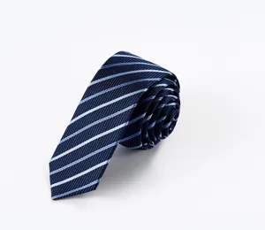 Primo piano di una cravatta da uomo in seta arrotolata con righe blu e azzurre.