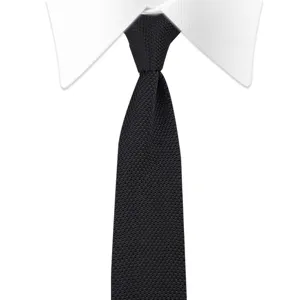 Black knitted tie for men, slim pointed design, classic texture for business casual wear.