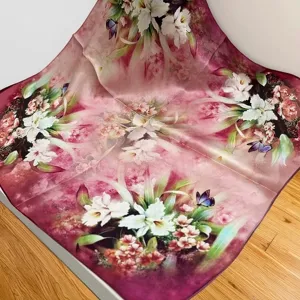 Exquisite floral silk square scarf detail, lightweight mulberry silk fabric, elegant print.