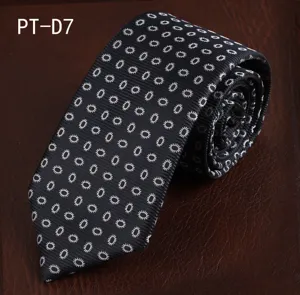 Close-up detail of black men formal necktie with stylish white geometric pattern and texture.