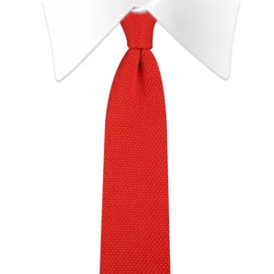 Men's solid red knit necktie detail view, stylish casual slim tie for daily office wear.