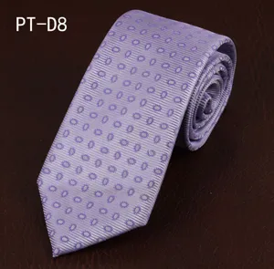 Close-up detail of the purple patterned necktie showing fine stripes and micro dot weave.
