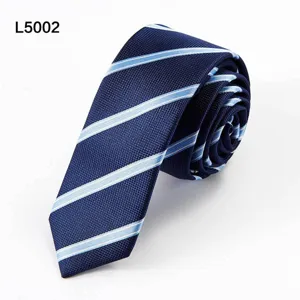 Men's navy blue striped narrow necktie student fashion casual business suit accessory.