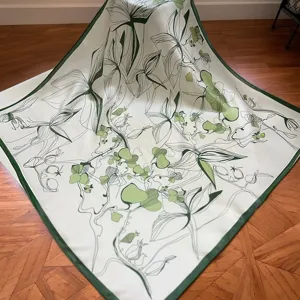 Mulberry silk square scarf for women, digital print botanical design, 55x55cm lightweight.