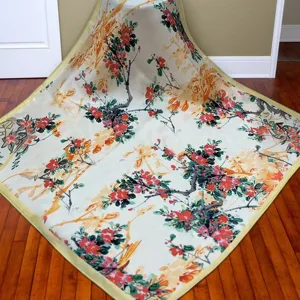 Pure silk square scarf digital print floral retro design women lightweight elegant neckerchief