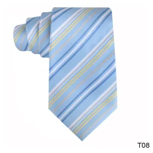 Close-up detail of the light blue striped jacquard tie fabric texture and classic pattern.