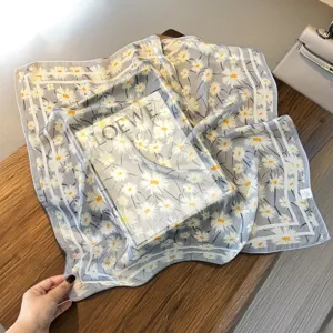 Elegant floral print silk scarf, soft chiffon square neckerchief for women detail view.