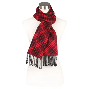 Classic red and black plaid scarf with fringe tassels, soft winter warm accessory for women.