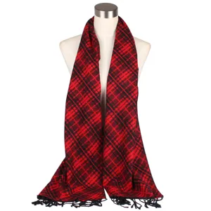 Red and black plaid winter scarf with fringe detail, classic tartan pattern for women.