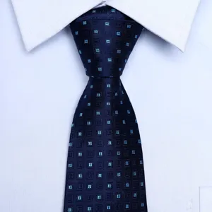 Classic navy blue silk tie with light blue geometric square pattern for men business formal wear.