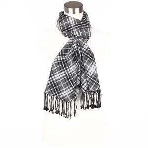 Classic black and white plaid winter scarf with fringe detail for women daily wear warmth.