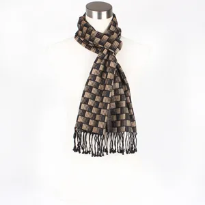 Detailed view of black brown geometric check scarf featuring classic fringe ends on display.
