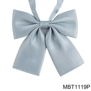 Light blue satin JK uniform bow tie accessory, elegant flat corner student bowknot detail.