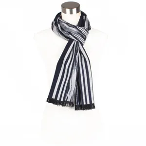 Classic striped design scarf with tassel hem, elegant and warm autumn winter accessory.