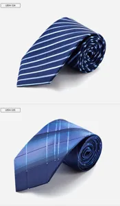 Detailed view of men's silk neckties featuring elegant blue striped and stylish plaid designs.