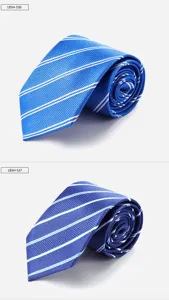Men's blue silk necktie featuring elegant white striped design for business formal wear.