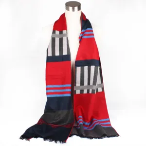 Silk jacquard scarf for women, long red striped design, elegant autumn and winter accessory.