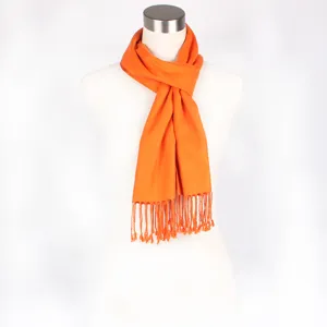 Classic bright orange winter scarf with elegant tassel design for women. Cozy autumn wear.