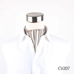 Vista dettagliata di una cravatta ascot in seta a righe indossata su un colletto bianco.