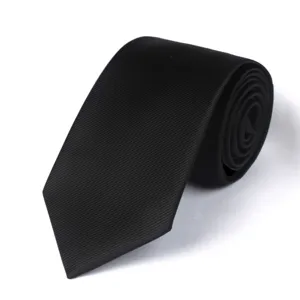 Classic men's black necktie with fine diagonal texture, professional rolled view.